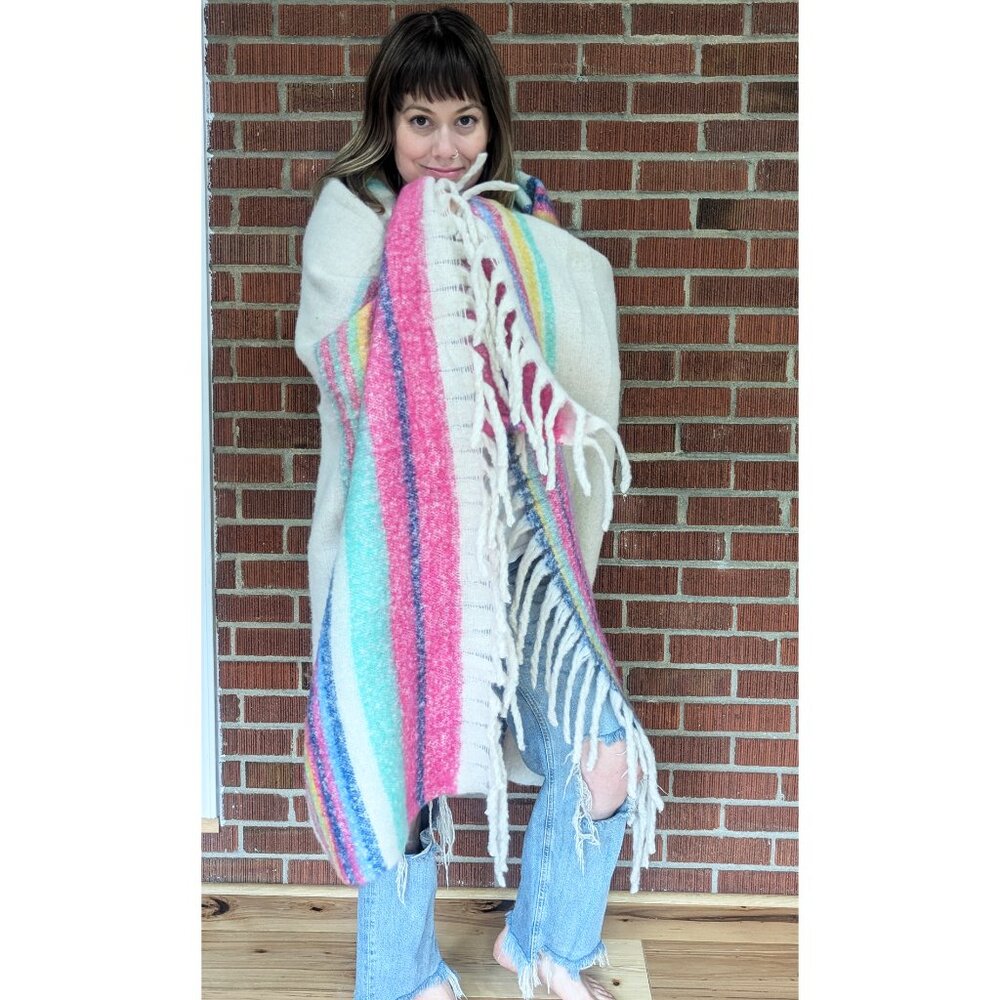 FREE PEOPLE Skye Stripe Fringe Throw Blanket / Ivory - Picture 4 of 6